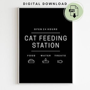 Puede incluir: Señal imprimible en blanco y negro que dice "Estación de alimentación de gatos" con las palabras "Abierto 24 horas" en la parte superior y iconos para comida, agua y golosinas en la parte inferior.