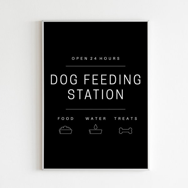 Dog Feeding Station Dark Print | Dog Food Sign | Dog Care | Dog Lover Print | Doggy diner | Wall Decor | Printable | Digital Download