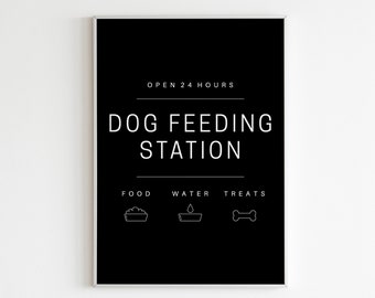 Dog Feeding Station Dark Print | Dog Food Sign | Dog Care | Dog Lover Print | Doggy diner | Wall Decor | Printable | Digital Download