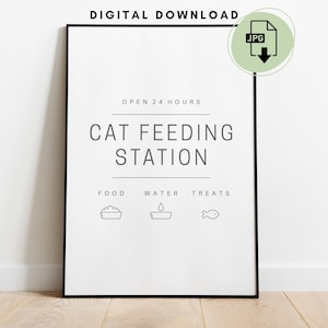 Minimalist Cat Feeding Station Printable | Funny Cat Wall Art | 24/7 Pet Diner Sign | Digital Cat Decor Download