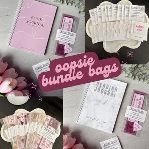 May include: A pink and white book journal with the text "Book Journal" on the cover. A set of pink and white bookmark stickers with the text "Oopsie Bags" and "Value £20". A white and grey reading journal with the text "Reading Journal" on the cover. A set of pink and white bookmark stickers with the text "Oopsie Bags" and "Value £16".