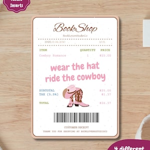 Op de afbeelding: Een afdrukbaar bonontwerp met een cowboythema. De bon bevat de tekst "wear the hat ride the cowboy" en een illustratie van een cowboyhoed en -laarzen. De bon is van Book Shop en bevat de tekst "4 different sizes included".
