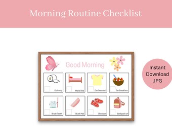 May include: A printable checklist for kids to use as a visual aid for their morning routine. The checklist includes tasks like going potty, making their bed, getting dressed, eating breakfast, brushing their teeth, brushing their hair, putting on their shoes, and putting on their backpack. The checklist is decorated with a butterfly, flowers, and cartoon images.