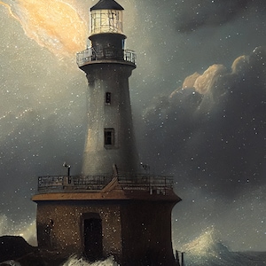 Könnte beinhalten: Ein weißer Leuchtturm mit schwarzem Dach und einem Licht oben steht an einem felsigen Ufer. Der Leuchtturm ist von tosenden Wellen und einem stürmischen Himmel mit einem hellen Licht umgeben, das aus den Wolken scheint.