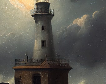 May include: A white lighthouse with a black roof and a light on top stands on a rocky shore. The lighthouse is surrounded by crashing waves and a stormy sky with a bright light shining down from the clouds.