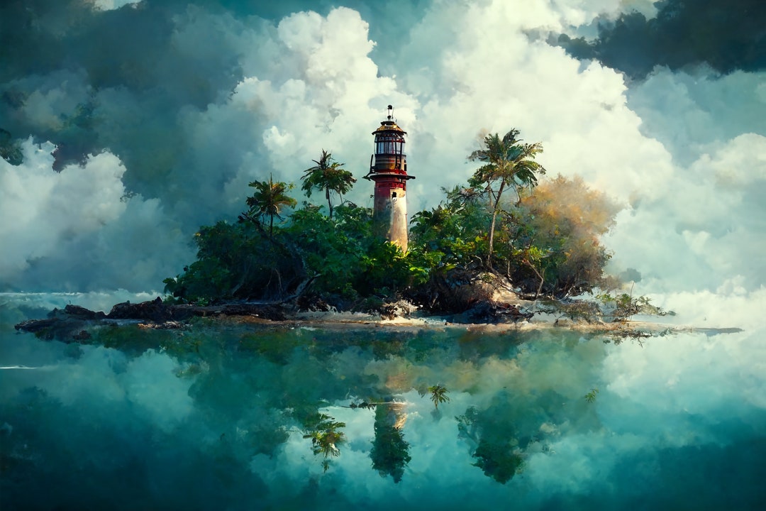 Lighthouse on a Tropical Island Ai Art Digital Download Lighthouse for