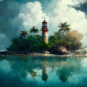 lighthouse on a tropical island - ai art - digital download lighthouse for your home or office - coastal art -