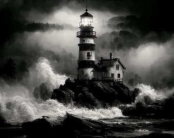 May include: A black and white photograph of a lighthouse on a rocky cliff with crashing waves in the foreground. The lighthouse is lit and the light shines through the clouds.