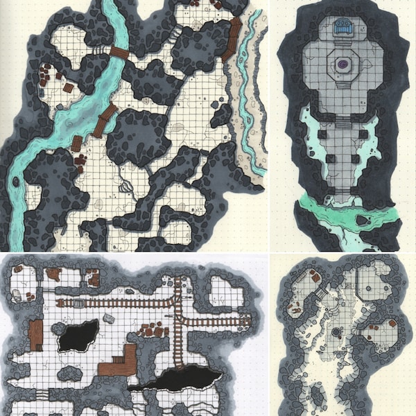 4 Full colour hand-drawn Dungeons Map Pack