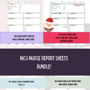 May include: A printable bundle of NICU nurse report sheets. The bundle includes a single-sided template for level III, a single-sided Christmas edition for level III, a four-baby assignment brain sheet for level 2/3, and a double-sided high acuity report sheet for one patient.