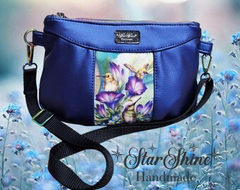 Blue Shimmering Faux Leather, Hummingbird Small Crossbody Bag