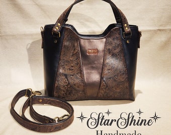 Western, Copper and Black Embossed Handbag With Crossbody Strap