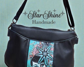 Black and Aqua Feminine, Faux Leather,  Small Crossbody Purse