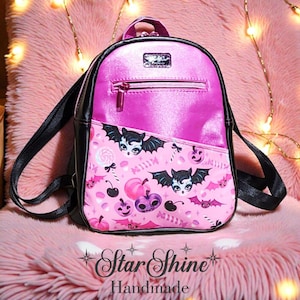 Pink & Black Bat Girl Mini Backpack: Spooky Vegan Leather Purse