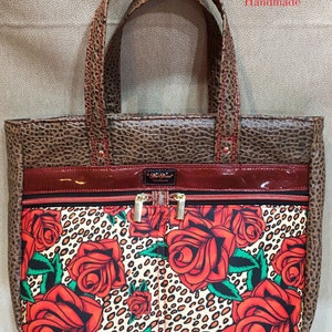 Classic Leopard and Red Roses, Rockabilly, Medium Sized Tote Handbag