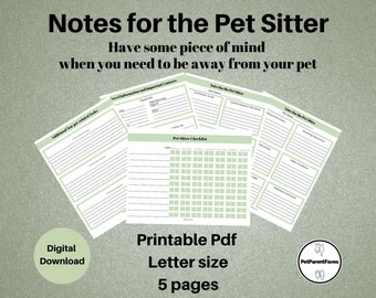May include: Printable checklist for pet sitters. The checklist includes sections for travel information, pet-related tasks, notes for the pet sitter, and a pet sitter checklist. The checklist is in a green and white colour scheme and is available as a digital download.