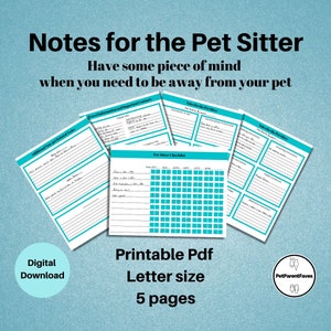 Pet Sitter Notes. Pet Sitter Instructions, Pet Sitter Care Form, Dog Sitter Notes. Cat Sitter Notes, Digital Download, Printable Care Form