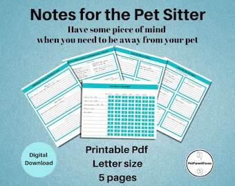 May include: Printable checklist for pet sitters, with sections for travel information, pet sitter notes, and a pet sitter checklist. The checklist is in a light blue and white colour scheme. The text on the checklist says "Notes for the Pet Sitter" and "Pet Sitter Checklist".