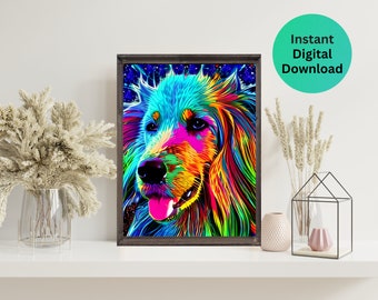 Golden Glam Instant Download para impressão de arte pop de cachorro, retrato colorido de animal de estimação, arte de parede moderna, impressão digital, decoração de casa, presente para amantes de cães