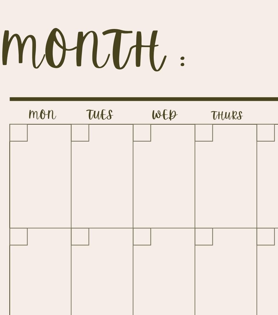 Month Calender - Printable PDF - Etsy