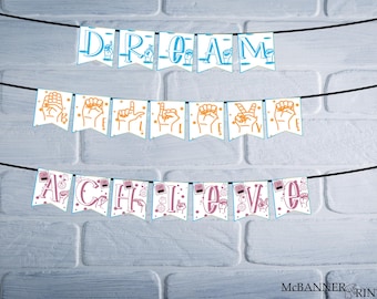 Striscione ASL / Sogna, Credi, Realizza, Decorazione per l'aula di lingua dei segni (PDF)