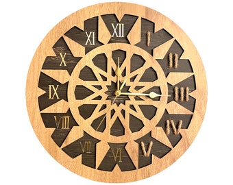 XXL Große Wanduhr aus Holz | Römische Zahlen | Goldene Zeiger | Stummes Uhrwerk | Geschenkidee | Wohnzimmer Uhr | Deko | Vintage | Modern