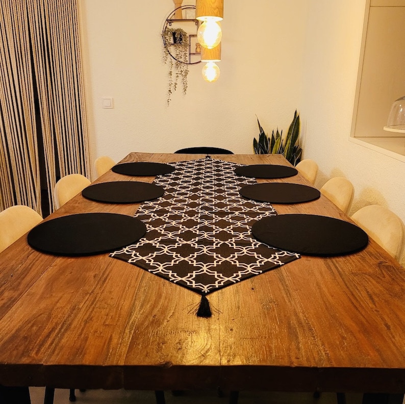 Tischläufer aus Leinen mit 6 Untersetzer Lebhafter Retro Design verschiedene Muster Tischset Tischdekoration Esstisch Modern Bild 6