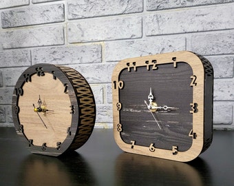 Eckig - Runde Tischuhr aus Holz  | Stummes Uhrwerk | Geschenkidee | Modern und Zeitlos | Einzigartig | Handgemacht | Wohnzimmer Deko |