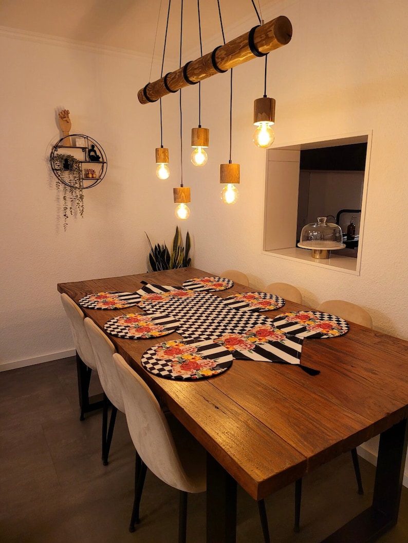 Tischläufer aus Leinen mit 6 Untersetzer Lebhafter Retro Design verschiedene Muster Tischset Tischdekoration Esstisch Modern Bild 2