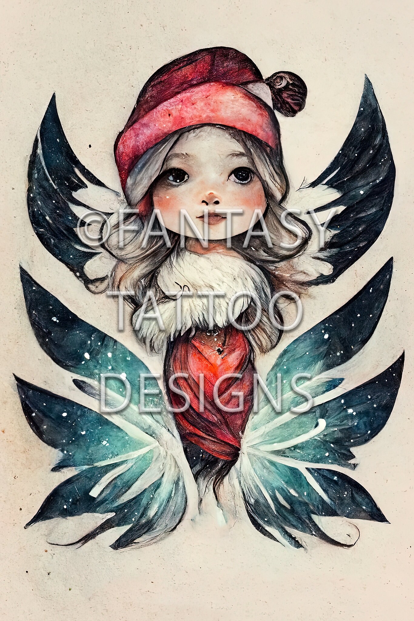 Christmas Angel Elf Fantasy Tattoo Design Digital Download Illustration Artwork Printable