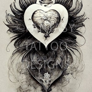 Crowned Heart Fantasy Tattoo Design Digital Download