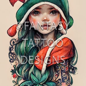 Noël Elfe Fantaisie Tattoo Design Numérique Télécharger Illustration Artwork Imprimable