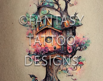Enchanted Treehouse Fantasy Tattoo Design Digital Download