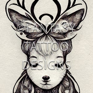 Cute Deer Fantasy Tattoo Design Digital Download