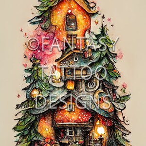 Christmas Cottage Fantasy Tattoo Design Digital Download Illustration Artwork Printable
