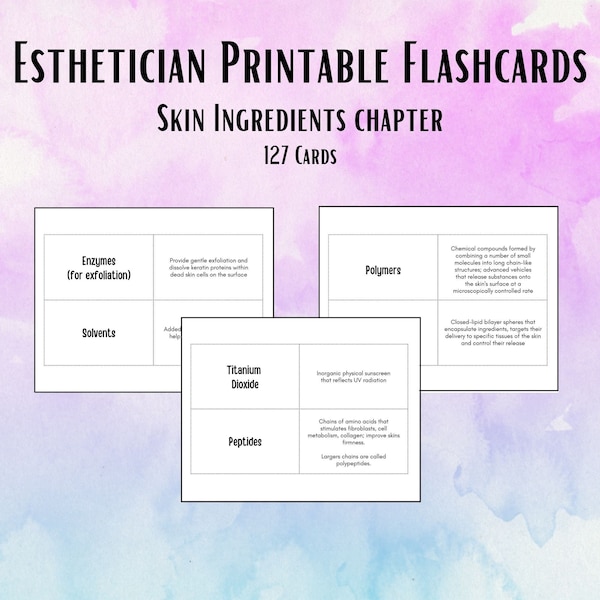 127 Skin Care Ingredients Flashcards, Printable Flashcards, Esthetics Flashcards, Esthetician Flashcards, Esthetic Study Cards