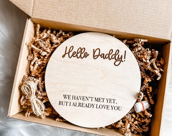Wooden Pregnancy sign announcement for husband  Hello Daddy pregnancy reveal sign to husband New dad to be gift box Pregnancy reveal box