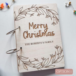 Porta-cartões de Natal personalizado, porta-cartões de madeira, livro de recordações de Natal, cartão de armazenamento de cartões de Natal, fantasia de família, álbum de Natal gravado