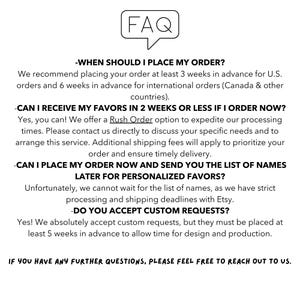 Puede incluir: Gr&aacute;fico blanco con una burbuja de di&aacute;logo "FAQ". El texto responde a preguntas sobre pedidos, incluidos los plazos de entrega de 3 semanas para EE. UU. y 6 semanas para pedidos internacionales, y solicitudes personalizadas.