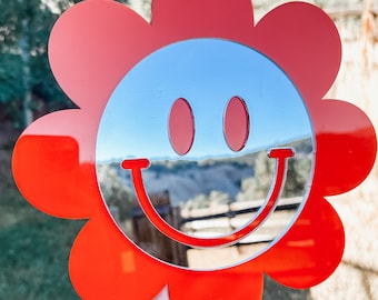 Smiley face mirror wall art for girl toddler bedroom decor aestectic for teens flower mirror nursery girl decor small wall mirror acrylic