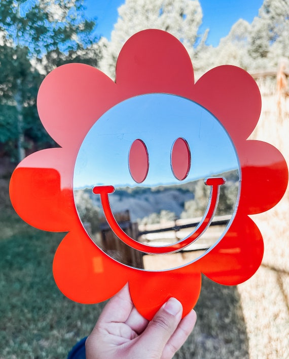 Smiley face mirror wall art for girl toddler bedroom decor aestectic for teens flower mirror nursery girl decor small wall mirror acrylic