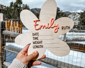 Baby girl announcement sign for hospital baby birth stats wooden baby birth announcement sign embroidery design flower wood sign baby name