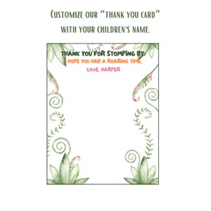 May include: A printable thank you card with a green and pink jungle theme. The text reads "Thank you for stomping by. I hope you had a roaring time, Love, Harper".