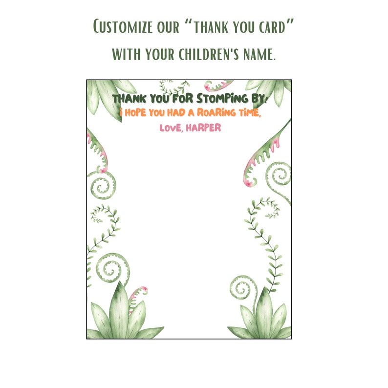 May include: A printable thank you card with a green and pink jungle theme. The text reads "Thank you for stomping by. I hope you had a roaring time, Love, Harper".