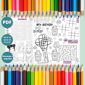 Party Placemat, Party Activity Sheet, Huntrix Kpop, Kids Activity Coloring Page, Hunter, Kpop, Demon, Party Printable Sheet, Personalize.