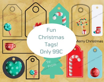 Cute Christmas tags / Digital Print Christmas tags / Fussy Cut Christmas Tags / Vintage look Christmas Tags / Christmas Tags Digital Print