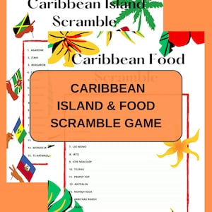 May include: A printable Caribbean Island and Food Scramble game. The game features a colourful design with flags of Caribbean islands and a tropical background. The game includes a list of scrambled words related to Caribbean islands and food.