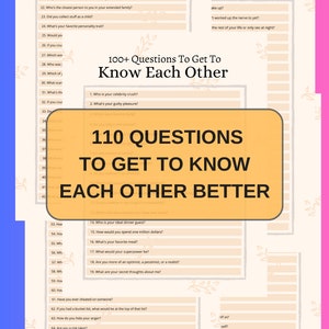 Puede incluir: Una hoja de trabajo imprimible con 110 preguntas para conocer mejor a alguien. Las preguntas están organizadas en formato de lista con un fondo naranja claro y un borde naranja oscuro. El título "110 Preguntas para conocerte mejor" está en una fuente grande y en negrita.