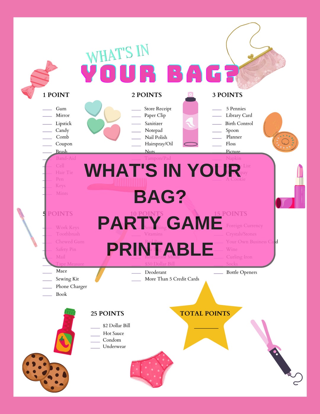 What's in Your Bag Party Game Printable Bridal Shower Games Girls Night Games Digital Games