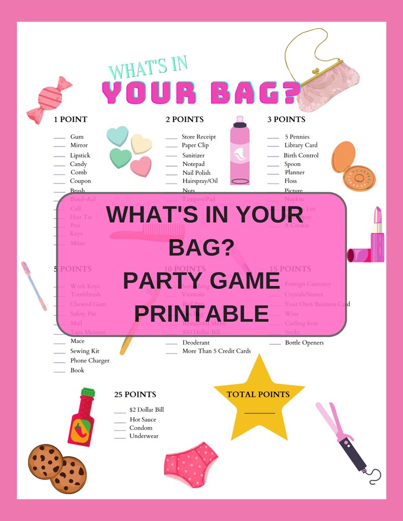 What's in Your Bag Party Game Printable Bridal Shower Games Girls Night